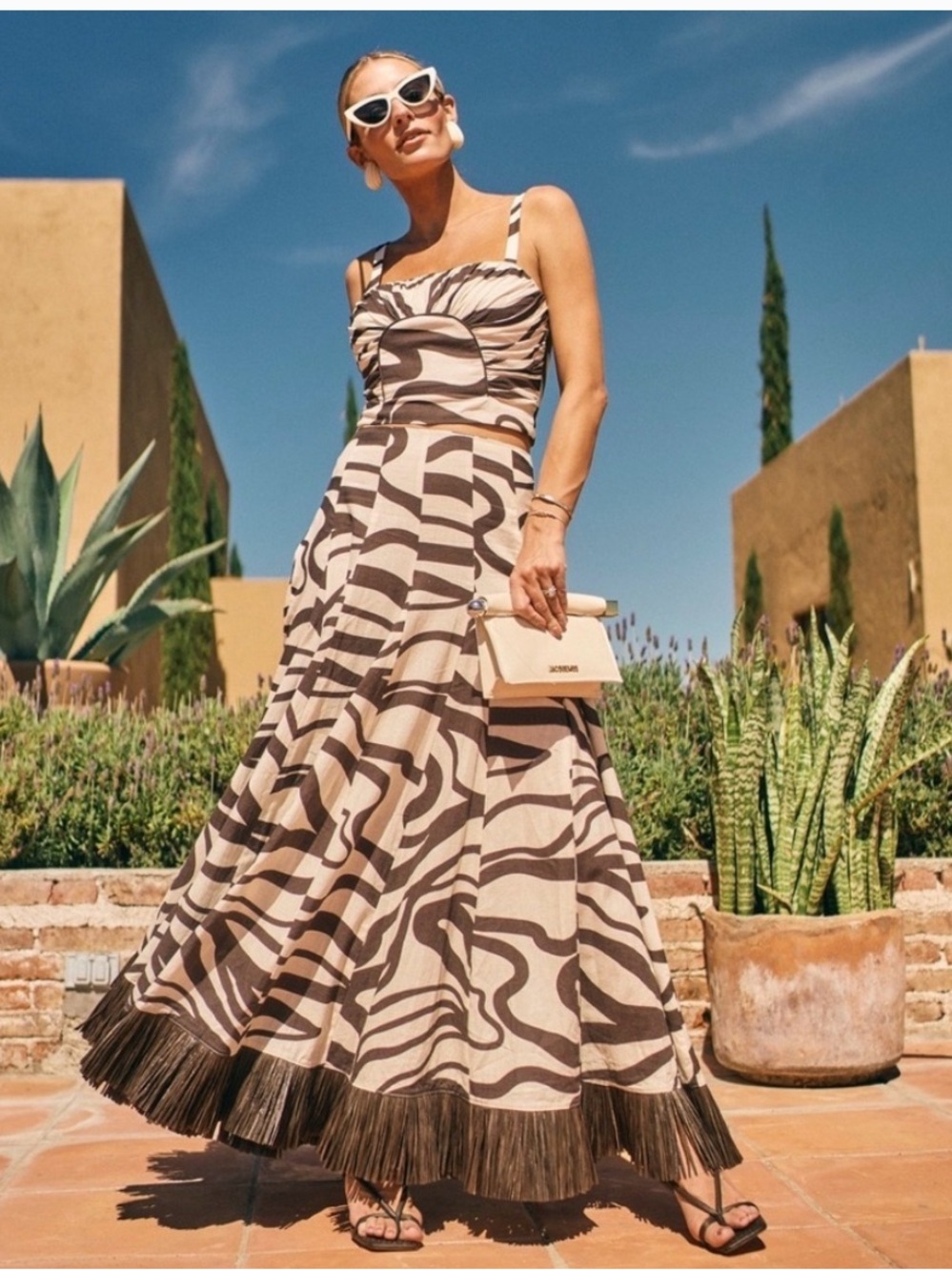 ANTONIO MELANI Beige and Brown Abstract Print Fringe-Hem Tank and Skirt set